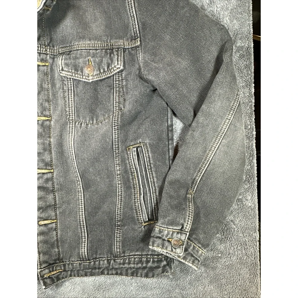 JYG Sherpa Lined Denim Trucker Jacket Gray Washed Button Front Men‎ L